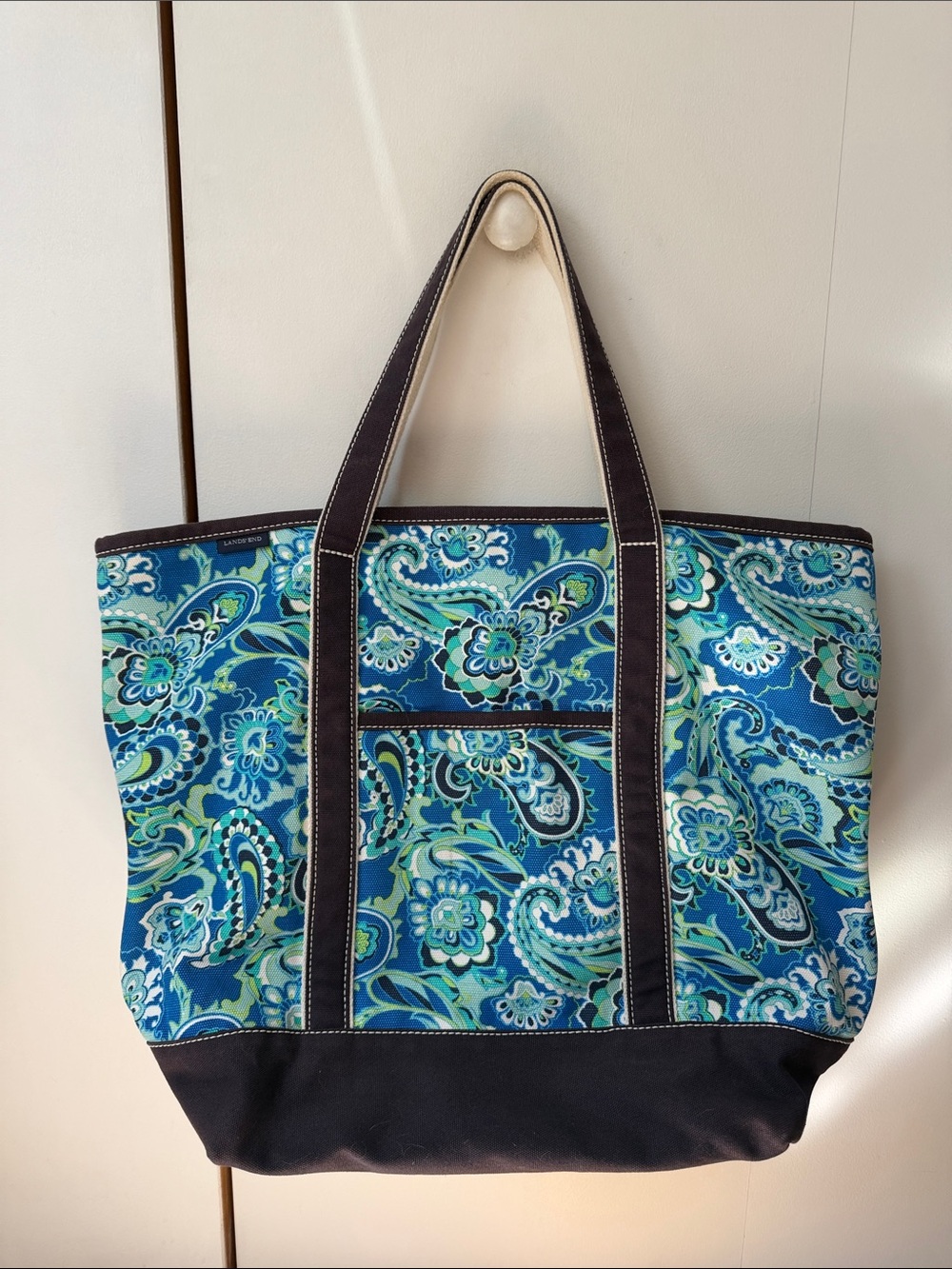 Blue Paisley Canvas Tote Bag with Dark Trim Lands End
